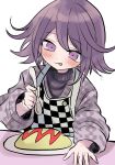  1boy :p blush checkered_clothes checkered_shirt danganronpa_(series) danganronpa_v3:_killing_harmony flipped_hair food grey_jacket hair_between_eyes holding holding_spoon jacket long_sleeves medium_hair oma_kokichi omelet pink_eyes purple_hair shirt simple_background smile solo spoon tongue tongue_out urami0310 white_background wide_sleeves 