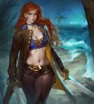  aleriia_v artist_name beach belt belt_buckle blue_eyes breasts buckle cleavage collarbone commentary commission dual_wielding earrings english_commentary fingerless_gloves gloves highres holding holding_sword holding_weapon jacket jewelry large_breasts leather leather_jacket long_hair long_sleeves navel necklace ocean orange_hair original palm_tree pants parted_lips pirate realistic serious shirt shore signature sword tied_shirt tree weapon 