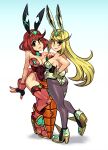  2girls adapted_costume alex_ahad alternate_costume ass bare_shoulders blonde_hair breasts carrot cleavage fake_tail fingerless_gloves gloves hand_on_own_hip high_heels highres large_breasts leotard lips long_hair multiple_girls mythra_(xenoblade) pantyhose planted planted_sword pyra_(xenoblade) red_eyes red_footwear red_hair red_leotard short_hair sideboob sword tail weapon white_background white_gloves white_leotard xenoblade_chronicles_(series) xenoblade_chronicles_2 yellow_eyes 