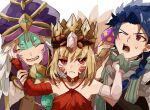  1girl 2boys arm_wrap blonde_hair blue_hair blush braid braided_ponytail closed_eyes crown cu_chulainn_(fate) dragon_girl elbow_gloves fate/grand_order fate_(series) forehead frown gloves green_hair highres locusta_(fate) long_hair multicolored_hair multiple_boys nero_claudius_(fate) one_eye_closed purple_hair queen_draco_(fate) red_eyes setanta_(fate) sharp_teeth shirt_grab sidelocks simple_background smile sweatdrop syusyaku teeth turban upper_body white_background 