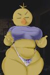  animatronic avian beak belly bird blush blush_lines chica_(fnaf) clothed clothing clothing_lift female five_nights_at_freddy&#039;s humanoid machine panties roachkundesu robot scottgames shirt shirt_lift slightly_chubby solo thick_thighs topwear underwear yellow_body 