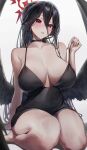  1girl absurdres bare_legs bare_shoulders barefoot black_choker black_dress black_hair black_wings blue_archive breasts choker cleavage commentary_request dress hand_up hasumi_(blue_archive) head_tilt highres large_breasts long_hair looking_at_viewer monegi parted_lips red_eyes seiza sitting sleeveless sleeveless_dress solo spaghetti_strap thighs wings 