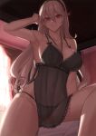  1girl absurdres arm_up armpits babydoll bare_arms bare_shoulders black_babydoll black_hairband black_panties collarbone commentary commission corrin_(female)_(fire_emblem) corrin_(fire_emblem) english_commentary fire_emblem fire_emblem_fates grey_hair hair_between_eyes hair_ornament hairband highres indoors kakeku long_hair looking_at_viewer panties parted_lips pixiv_commission red_eyes see-through smile solo thighs underwear 