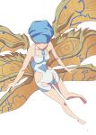  1girl blue_headwear breasts chest_jewel closed_mouth collarbone covered_navel full_body hat kageyasu obrona_(xenoblade) one-piece_swimsuit simple_background smile solo swimsuit white_background white_one-piece_swimsuit wings xenoblade_chronicles_(series) xenoblade_chronicles_2 