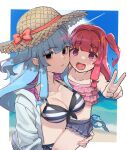  2girls aged_down alternate_costume alternate_eye_color beach bikini black_eyes blue_hair blue_sky blunt_bangs blush border breasts carrying carrying_person closed_mouth collarbone commentary_request contrail expressionless frilled_bikini frills front-tie_top grey_hoodie hair_intakes hat highres hood hoodie jacket jacket_over_swimsuit kotonoha_akane kotonoha_aoi large_breasts long_hair long_sleeves looking_at_viewer mismatched_bikini multiple_girls ocean one_side_up open_clothes open_hoodie open_mouth outstretched_hand pink_hair pink_hoodie quilted_clothes raised_eyebrows red_eyes sidelocks sky smile straw_hat striped striped_bikini summer swimsuit thick_eyebrows toriniku29 two-tone_hoodie v voiceroid waves white_border 