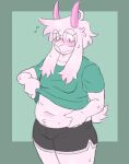  2_horns absurd_res alnoodle anthro belly_overhang black_bottomwear black_clothing black_shorts blush bodily_fluids bottomwear bovid bulge caprine clothed clothing deep_navel deltarune eyewear floppy_ears fur glasses goat green_clothing green_shirt green_topwear hand_on_stomach hi_res horn long_ears male mammal moobs mouth_closed navel overweight overweight_anthro overweight_male pink_eyes ralsei round_glasses scut_tail shirt shirt_up short_tail shorts snout solo sweat tail topwear undertale_(series) weight_conscious white_body white_fur 
