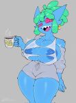  areola areola_slip baggy_clothing beverage big_breasts blue_body blue_fur bottomwear bra breasts clothed clothing coffee coffee_cup coffee_mug container crop_top cup curvy_figure dreadlocks ear_piercing ear_ring eyebrows female fur furgonomics gem generation_3_pokemon green_hair grey_clothing gym_bottomwear gym_clothing gym_shorts hair hi_res huge_breasts humanoid mehdrawings navel_outline nintendo open_mouth piercing pokemon pokemon_(species) raised_eyebrow ring_piercing sableye sapphire_(lucasog) sharp_teeth shirt shorts simple_background smile smiling_at_viewer solo sports_bra sportswear sweater tea teeth thick_thighs tongue topwear torn_clothing underwear voluptuous wardrobe_malfunction wide_hips 