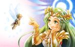  1boy 1girl angel angel_wings armlet breasts brown_hair commentary_request diadem feathers forehead_jewel green_eyes green_hair index_finger_raised kid_icarus kid_icarus_uprising laurel_crown looking_at_another mini_person miniboy palutena pit_(kid_icarus) sayoyonsayoyo smile vambraces wings 