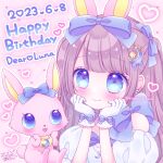  1girl :d animal_ears bare_shoulders blue_bow blue_eyes blush bow brown_hair closed_mouth commentary_request crescent dated dress ear_piercing gloves hair_bow hands_up happy_birthday heart highres himetsuki_luna jewelpet_(series) long_hair luna_(jewelpet) off-shoulder_dress off_shoulder piercing pink_background puffy_short_sleeves puffy_sleeves rabbit_ears sanrio short_sleeves smile star_(symbol) twitter_username two_side_up white_dress white_gloves 