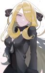  1girl blonde_hair breasts cleavage closed_mouth coat commentary cynthia_(pokemon) fur-trimmed_coat fur_collar fur_trim grey_eyes hair_ornament hair_over_one_eye highres long_hair long_sleeves looking_at_viewer mabuchi_27 medium_breasts pokemon pokemon_(game) pokemon_dppt sidelocks smile solo very_long_hair white_background 