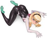  1girl all_fours ass black_headband blonde_hair blue_eyes full_body gwen_stacy headband highres looking_at_viewer marvel medium_hair minicop2001 simple_background solo spider-gwen spider-man_(series) white_background 