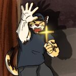  anthro bottomwear clothing crucifix felid hat headgear headwear humor inkstripes_jc male mammal meme pantherine pants reaction_image short tiger 