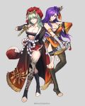  2girls absurdres alternate_costume bandages bandeau black_kimono black_sash breasts byleth_(female)_(fire_emblem) byleth_(fire_emblem) chest_sarashi cleavage dagger dual_wielding english_commentary fire_emblem fire_emblem:_three_houses fire_emblem_heroes fire_emblem_warriors:_three_hopes full_body green_eyes green_hair grey_background hair_over_one_eye highres holding holding_dagger holding_knife holding_weapon japanese_clothes kimono knife large_breasts leg_tattoo long_hair looking_at_viewer midriff multiple_girls navel obi orange_kimono purple_eyes purple_hair sarashi sash shez_(female)_(fire_emblem) shez_(fire_emblem) silvercandy_gum simple_background smile standing stomach strapless tattoo thighs tube_top weapon 