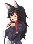  1girl :d animal_ear_fluff animal_ears black_choker black_hair black_hoodie blush choker commentary fang flipped_hair from_side hiden_(takanori) highres hololive hood hoodie hoodie_pull long_hair looking_at_viewer multicolored_hair no_bra official_alternate_costume official_alternate_hairstyle ookami_mio ookami_mio_(3rd_costume) open_mouth paw_print paw_print_pattern ponytail red_hair sidelocks sleeves_past_wrists smile solo spiked_hair streaked_hair two-tone_hoodie very_long_hair virtual_youtuber white_hoodie wolf_ears yellow_eyes 