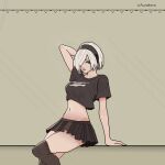  1girl 2b_(nier:automata) absurdres aurakera black_headband black_shirt black_skirt blue_eyes crop_top cropped_shirt eyeshadow hair_over_one_eye headband highres kneehighs makeup nier_(series) pixel_art pleated_skirt shirt short_hair skirt socks solo white_hair 