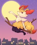  1girl animal_ear_fluff animal_ears animal_nose blueberryblanket braixen english_commentary fox_ears fox_tail full_moon highres looking_at_viewer moon multicolored_fur neck_fur orange_eyes pokemon pokemon_(creature) red_eyes smile solo stick tail white_fur yellow_fur 