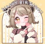  1girl :q absurdres animal_ears bear_ears beret black_shirt blush braid brown_eyes brown_hair brown_headwear closed_mouth commentary_request confetti hair_ornament hairclip happy_birthday hat heart heart_print highres kino_haruc konan_mia long_sleeves low_twin_braids medium_bangs nanashi_inc. one_eye_closed print_shirt shirt short_hair smile solo sweater tongue tongue_out twin_braids upper_body virtual_youtuber watch white_sweater wristwatch 