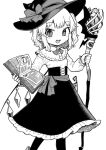  1girl :d alternate_costume book capelet crystal fang feet_out_of_frame flandre_scarlet greyscale hat high-waist_skirt highres holding holding_book holding_staff long_sleeves looking_at_viewer monochrome one_side_up oninamako open_mouth short_hair simple_background skirt slit_pupils smile solo staff touhou wings witch_hat 