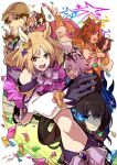  1boy 6+girls absurdres admire_vega_(umamusume) ahoge animal_ears blonde_hair blue_eyes bow bracelet bracer brooch brown_eyes brown_hair closed_mouth confetti crowd curren_chan_(umamusume) detached_sleeves ear_covers ear_ornament earclip flaming_eye gashitani gloves hairband haru_urara_(umamusume) heterochromia highres horse_ears horse_girl horse_tail jewelry long_hair meisho_doto_(umamusume) multicolored_hair multiple_girls narita_top_road_(umamusume) okita_trainer open_mouth pink_eyes racetrack raised_fist rice_shower_(umamusume) ring shooting_star short_hair single_ear_cover sweat t.m._opera_o_(umamusume) tail trainer_(umamusume) umamusume umamusume:_road_to_the_top upper_body white_hair 