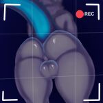  4_ears anthro balls big_butt blur_(disambiguation) bright_light bright_tail butt camera_hud camera_overlay camera_view fur furrky genitals girly glistening glistening_body glistening_butt glistening_genitalia glistening_skin grey_body grey_fur humanoid lineless low-angle_view machine male multi_ear perineum protogen rear_view recording sam_nevadito_(artist) shark_tail simple_background solo tail thick_thighs wide_hips 