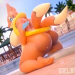  3d_(artwork) absurd_res anthro artist_name big_breasts blue_eyes breasts butt coel3d detailed_background digital_media_(artwork) female floatzel generation_4_pokemon hi_res looking_at_viewer looking_back nintendo nude orange_body orange_skin outside pokemon pokemon_(species) solo swimming_pool 