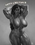 2023 absurd_res biceps big_breasts big_muscles bodily_fluids breasts female genitals greyscale hair hi_res humanoid humanoid_pointy_ears justsomenoob monochrome muscular muscular_female nipples not_furry orc pussy quads solo sweat triceps tusks 