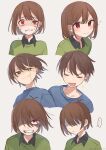  ... 3others :d ^_^ ambiguous_gender androgynous blue_sweater blush brown_eyes brown_hair bruise bruise_on_face chara_(undertale) clenched_teeth closed_eyes collared_shirt cropped_arms crying crying_with_eyes_open deltarune expressions faceless frisk_(undertale) glowing glowing_eye green_shirt highres injury kris_(deltarune) looking_at_viewer multiple_others multiple_views nano_mochi red_eyes scowl shaded_face shirt short_hair simple_background smile star_(symbol) star_in_eye sweater symbol_in_eye tears teeth undertale white_background wing_collar 