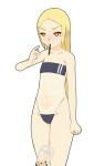  1girl blonde_hair breasts bubble_tea clenched_hands drinking drinking_straw gris_swimsuit highres mari_gold meme_attire mole mole_under_eye navel orange_eyes original rong_rong small_breasts tagme thick_eyebrows 