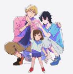  1girl 2boys :o black_hair blue_sailor_collar blue_shirt blush brown_hair buddy_daddies child family full_body hair_between_eyes hair_ornament hairclip hand_on_another&#039;s_shoulder heart heart_hands highres kurusu_kazuki light_brown_hair looking_at_viewer multiple_boys ookamirr orange_eyes parted_bangs pink_shirt sailor_collar sailor_shirt shirt short_hair simple_background squatting suwa_rei twitter_username unasaka_miri v-shaped_eyebrows white_background 