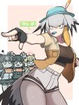  4girls anger_vein bird_tail bird_wings blowing_whistle breasts brown_bear_(kemono_friends) captain_(kemono_friends) captain_(kemono_friends)_(cosplay) chibi cosplay cowboy_shot crop_top english_text fingerless_gloves gameplay_mechanics gloves grey_hair grey_shorts head_wings highres jacket jaguar_(kemono_friends) john_(a2556349) kemono_friends kemono_friends_3 large_breasts medium_hair midriff moose_(kemono_friends) multiple_girls open_clothes open_jacket pantyhose pointing revision shoebill_(kemono_friends) short_shorts short_sleeves shorts solo_focus tail tsurime wings yellow_eyes 