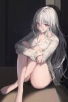  1girl absurdres blush breasts cleavage collared_shirt hair_between_eyes highres large_breasts lillly long_hair long_sleeves looking_at_viewer original red_eyes shirt shorts solo tears thighs white_hair 