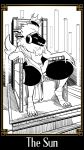  anthro boriscomicsart card chair crown cybernetics digital_media_(artwork) english_text erection fur furniture genitals headgear hi_res machine major_arcana male mammal monochrome nude penis pillars primagen sitting smile solo sunny_(primagen) tarot_card text throne white_body white_fur 