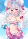  1girl :d absurdres animal_ears bikini bikini_skirt bikini_top_only bikini_under_clothes blue_sky blush breasts choker commentary_request eyewear_on_head fake_animal_ears flower frilled_choker frills granblue_fantasy grey_hair groin hair_flower hair_ornament highres kamishiro_mai_(capti-no) long_sleeves looking_at_viewer medium_hair mouse_ears navel open_clothes open_mouth open_shirt red_bikini red_eyes scrunchie shirt skirt sky small_breasts smile solo star-shaped_eyewear striped striped_bikini sunglasses swimsuit two-tone_bikini vikala_(blooming_summer_wallflower)_(granblue_fantasy) vikala_(granblue_fantasy) white_choker white_shirt white_skirt wrist_scrunchie 