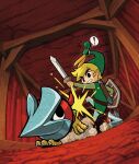  ! belt blonde_hair brown_belt ezlo green_headwear green_tunic helmasaur holding holding_shield holding_sword holding_weapon indoors link mineshaft monster official_art pointy_ears shield short_hair speech_bubble sword the_legend_of_zelda the_legend_of_zelda:_the_minish_cap toon_link weapon 