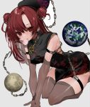  1girl alternate_hairstyle ayahi_4 black_dress chain china_dress chinese_clothes double_bun dress earrings earth_(ornament) grey_background hair_bun hecatia_lapislazuli highres jewelry looking_at_viewer moon_(ornament) red_eyes red_hair solo thigh_strap thighhighs touhou underworld_(ornament) 