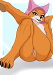  anthro bite biting_lip black_nose canid canine crossed_legs disney fanathir feet female fox fur genitals headdress hi_res looking_at_viewer maid_marian mammal multicolored_body multicolored_fur nude orange_body orange_fur paws pussy robin_hood_(disney) seductive simple_background solo tail white_body white_fur 