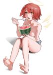  1girl absurdres arknights bare_legs barefoot breasts collarbone detached_wings eating energy_wings exusiai_(arknights) food fruit full_body grey_shorts halo highres holding holding_food holding_spoon looking_at_viewer medium_breasts open_mouth orange_eyes red_hair rui_(woyoudabing_rui) short_hair short_shorts shorts simple_background sitting solo spoon topless watermelon white_background wings 