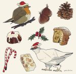  animal animal_focus animal_request artist_name bird candy candy_cane chestnut christmas clothed_animal commentary english_commentary food fruitcake gatoiberico grey_background hat highres mistletoe no_humans original pinecone red_headwear santa_hat simple_background 