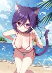  1girl ahoge animal_ear_fluff animal_ears beach bell bikini black_ribbon blue_sky breasts cat_ears cat_girl cat_tail closed_mouth cloud commentary_request day glasses hair_ribbon highres jingle_bell large_breasts looking_at_viewer mauve neck_bell ocean original purple_eyes purple_hair red-framed_eyewear ribbon short_hair side-tie_bikini_bottom sky smile solo standing swimsuit tail white_bikini 