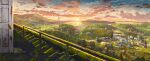  abandoned absurdres bridge building cloud commentary_request door evening fence harbor highres house island landscape mountain mountainous_horizon no_humans original overgrown power_lines railing road rooftop scenery sky sunset suspension_bridge tree utility_pole village yosanann 