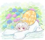  1girl antennae blue_flower commentary_request flower flower_request full_body highres kibisake messy_hair original outdoors parted_lips purple_eyes purple_flower rain robe short_hair snail_girl solo top-down_bottom-up white_hair white_robe 