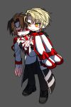  2boys armor black_coat black_footwear black_pants blonde_hair blood blood_from_mouth brown_hair carrying carrying_person closed_mouth coat commentary_request e.g.o_(project_moon) earclip employee_(lobotomy_corporation) grey_background jacket knee_pads lobotomy_corporation long_sleeves male_focus multiple_boys necktie open_clothes open_coat pants project_moon red_eyes red_necktie shirt shoes short_hair shot_(urem) shoulder_armor simple_background smile sweat turn_pale white_footwear white_jacket white_pants white_shirt yellow_eyes 