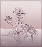  2023 anthro arm_tuft avian beak belly_tuft bird bow_panties bow_tie bow_underwear chest_tuft chicken claws clothing dated disney ducktales ducktales_(2017) elbow_tuft eyewear fluffy fluffy_hair galliform gallus_(genus) glasses gradient_background grey_background gyro_gearloose hair half-closed_eyes head_tuft heel_claw hip_tuft holding_wine_glass leg_tuft long_tail long_tail_feathers male monochrome mostly_nude narrowed_eyes panties phasianid pink_background scuted_legs scutes shellyochunks shoulder_tuft signature simple_background solo spurs tail talons toe_claws trans_(lore) trans_man_(lore) tuft underwear 