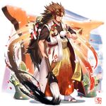  1boy alternate_costume brown_eyes brown_hair calligraphy_brush fire_emblem fire_emblem_fates haori helmet highres ink japanese_clothes looking_at_viewer nakabayashi_zun paintbrush ryoma_(fire_emblem) smile solo tabi torii watermark 