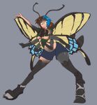  2023 4_arms arthropod bottomwear breasts brown_hair butterfly clothing exoskeleton grey_background hair human insect insect_wings lepidopteran long_tongue looking_down mammal multi_arm multi_limb sepisnake shorts simple_background species_transformation tongue torn_clothing transformation wings 