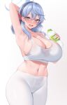  1girl ako_(blue_archive) armpits arms_up black_hairband blue_archive blue_eyes blue_hair blush bottle breasts earrings hairband halo highres holding holding_bottle jewelry kuavera large_breasts medium_hair midriff navel open_mouth pants smile solo steaming_body stud_earrings sweat water_bottle yoga_pants 