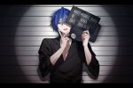  1boy black_choker black_shirt blue_eyes blue_hair choker commentary_request double-parted_bangs english_text hair_between_eyes highres holding holding_sign kaito_(vocaloid) lapels long_sleeves looking_at_viewer male_focus mugshot notched_lapels one_eye_covered open_mouth parang_99 shirt short_hair sign sleeves_past_elbows solo upper_body vocaloid 