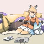  1girl animal_ear_fluff animal_ears blonde_hair bow bowtie brown_gloves buttons cable cellien_(kemono_friends) character_doll closed_mouth controller elbow_rest extra_ears ezo_red_fox_(kemono_friends) fox_ears fox_girl fox_tail full_body fur-trimmed_sleeves fur_trim game_console game_controller gloves grey_hair holding holding_controller holding_game_controller jacket kemono_friends leaning_back leaning_to_the_side light_smile long_hair long_sleeves lucky_beast_(kemono_friends) miniskirt mukouyama_mu multicolored_hair necktie no_shoes orange_eyes orange_jacket pantyhose pillow playing_games playstation_1 playstation_controller pleated_skirt sitting skirt solo sony tail very_long_hair white_bow white_bowtie white_skirt yellow_necktie 