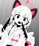  1girl animal_ear_headphones animal_ears blue_archive collared_shirt fake_animal_ears halo headphones highres holding holding_knife jacket knife momoi_(blue_archive) necktie open_mouth pearlgang_e pink_halo shirt short_hair sketch solo spot_color two-sided_fabric two-sided_jacket upper_body 