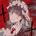  1girl black_jacket blush celestia_ludenberg collared_shirt danganronpa:_trigger_happy_havoc danganronpa_(series) drill_hair grey_hair hairband jacket lolita_hairband long_hair looking_up lotus_hu_niao_yuan multicolored_hair necktie nervous_sweating own_hands_clasped own_hands_together red_background red_eyes red_necktie shirt smile solo streaked_hair sweat twin_drills very_long_hair white_shirt 
